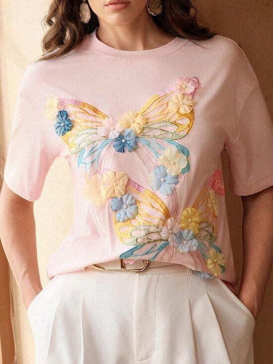 Tops - Pink Casual Women's 3D Butterfly Round Neck Short Sleeve T-Shirt